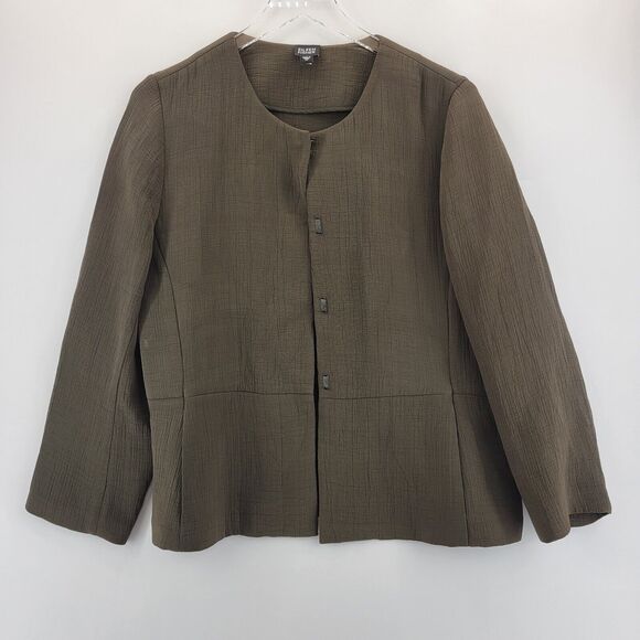 Eileen Fisher Jackets & Blazers - Eileen Fisher Silk Sponge Jacket Size Medium Brown Olive Green Collarless Blazer